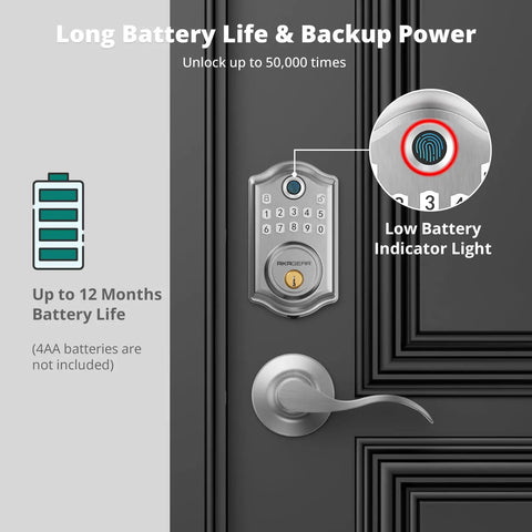 Slick Fingerprint Keyless Entry Door Lock With Sturdy Lever Handle Set In Brushed Nickel Finish displaying battery life features.