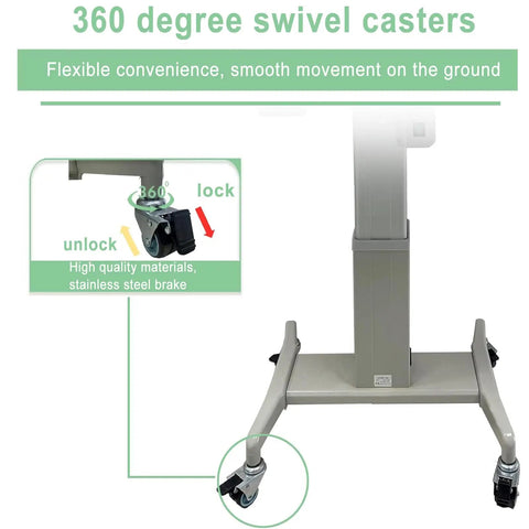 Detailed view of 360-degree swivel casters on Heavy Duty Motorized Optometry Lift Table Boasting Slick Electric Height Adjustment.