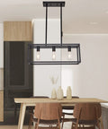 Farmhouse Rectangle Chandelier Pendant Light For Dining Room And Kitchen Island Dope Modern Linear Hanging Light Fixture In Matte Black Industrial 3 Light Pendant With Adjustable Rods For Custom Height over wooden dining table.