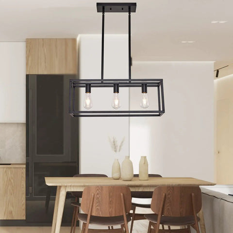 Farmhouse Rectangle Chandelier Pendant Light For Dining Room And Kitchen Island Dope Modern Linear Hanging Light Fixture In Matte Black Industrial 3 Light Pendant With Adjustable Rods For Custom Height over wooden dining table.