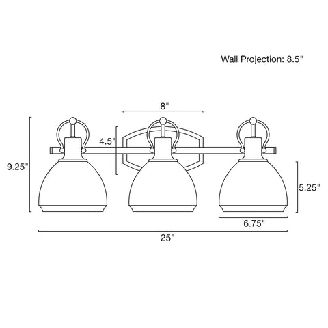 Diagram of Three Light Vanity Bathroom Light With Clear Glass Shades in Warm Brass Finish, showing dimensions and wall projection