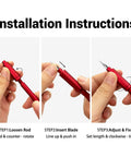 Installation instructions for Top Shelf 9 Piece Model Scribing Tool Kit with tungsten carbide blades and red aluminum grip.