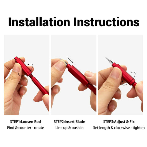 Installation instructions for Top Shelf 9 Piece Model Scribing Tool Kit with tungsten carbide blades and red aluminum grip.