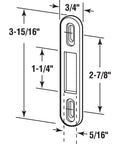Diagram showing dimensions of MP2097 Sliding Door Keeper In Zinc Plated Steel With Vertical Adjustment for patio doors.