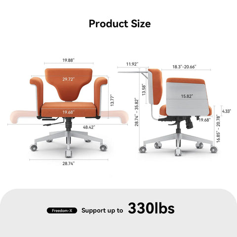 Criss Cross Office Chair With Wheels And Armrests, Laptop Tray, Adjustable Ergonomic Seat, product size dimensions shown