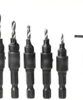 Hex Shank Countersink Drill Bit Set With Top Notch Pro Grade High Speed Steel Bits For Pilot Holes And Chamfering, Adjustable Depth, 5 Piece Set Includes Wrench