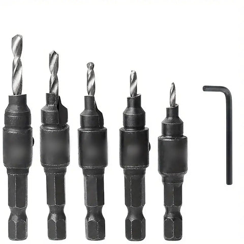 Five Piece Hex Shank Countersink Drill Bit Set With Titanium Coated High Speed Steel Twist Bits And Rugged Wrench, showing bits lined up.