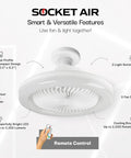 SocketAir Wireless Ceiling Fan Light with Remote Extender featuring 110 to 120 volts, 2100 lumens, 3 fan speeds, 3 light settings