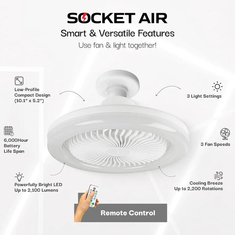 SocketAir Wireless Ceiling Fan Light with Remote Extender featuring 110 to 120 volts, 2100 lumens, 3 fan speeds, 3 light settings