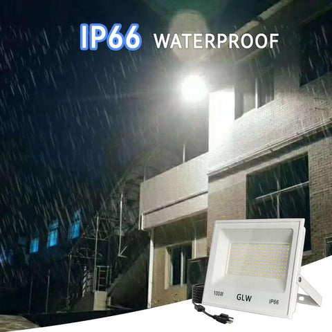 Beefy Three Pack 100W LED Flood Lights Outdoor, 10000LM Per Light, 30000LM Total Brightness, wall-mounted in rain, IP66 waterproof