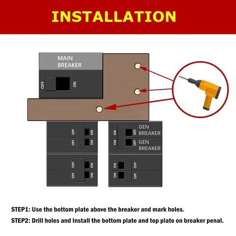 Installation steps for Generator Interlock Kit For 150 And 200 Amp Murray Or Siemens Panels with drill and marked holes.