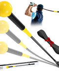 Golf Grip Trainer And Swing Training Aid For Warm Up And Tempo Control, Right Handed Practice Stick shown with user and packaging.