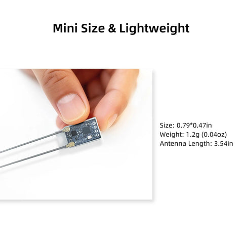 Hand holding mini 2.4GHz ER16 ELRS FPV 16CH Receiver with Dual IPEX MHF 1 Antenna next to size specifications
