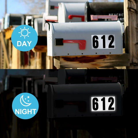 60 Piece Reflective Address Numbers Set, 3 Inch Adhesive Mailbox Numerals For Home, Office, Business, Cars, Trucks, Doors And Signs, Waterproof And Weatherproof, Stick On, No Fuss Easy Install, High Visibility displayed on mailbox day and night