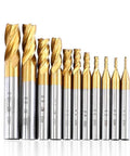 Toppros 10-piece titanium-coated HSS end mills, 4-flute, sizes 5/64-3/8 in straight shank