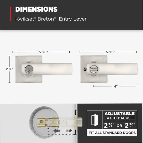 Breton Entry Door Handle With Lock And Key, Reversible Exterior Lever, dimensions illustration, satin nickel finish