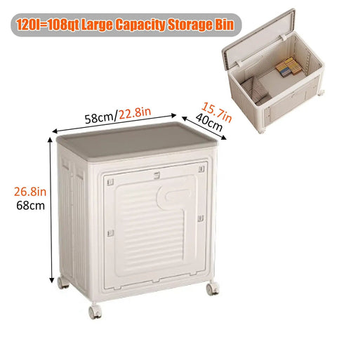 Heavy Duty Foldable Storage Bin With Lid Gray Extra Large 120L Capacity Wheels Smooth Glide For Closet Bedroom Living Room, dimensions 58x40x68cm.