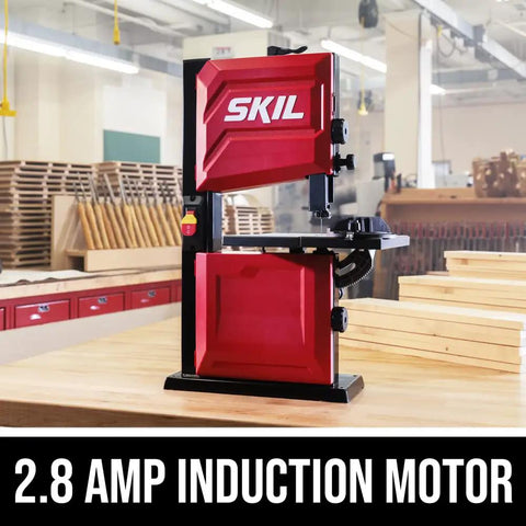 2.8 Amp 9 Inch Benchtop Band Saw for Woodworking, showing front view in workshop with red and black design