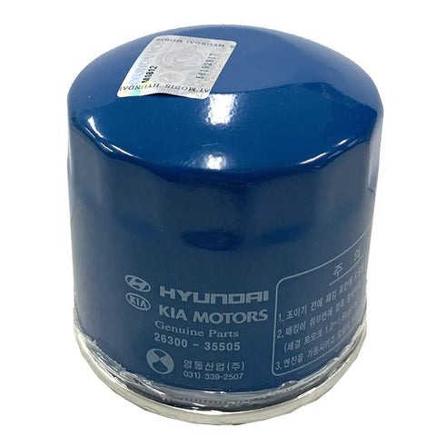 Hyundai Oil Filter 2630035504 Genuine OEM Universal Fit For Most Hyundai And Kia Models 2006 To 2014, blue cylinder close-up
