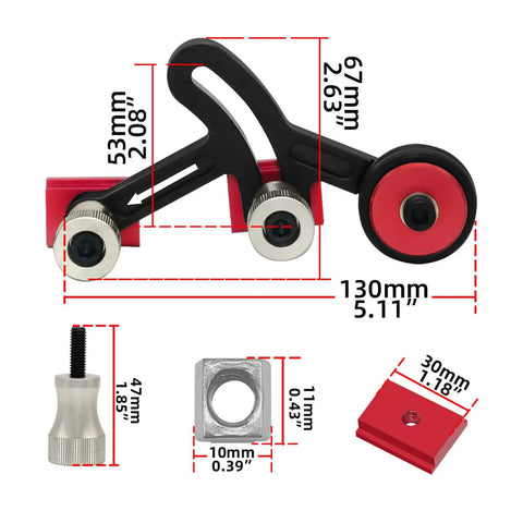 Dead Nuts Steady One Way Bearing Roller Press Feeder Aluminum Alloy Featherboard dimensions with two roller wheels and mounting blocks.