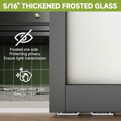 Close-up of Concealed Sleek Sliding Glass Barn Door Kit With Soft Close Hardware, frosted glass, and modern black frame.