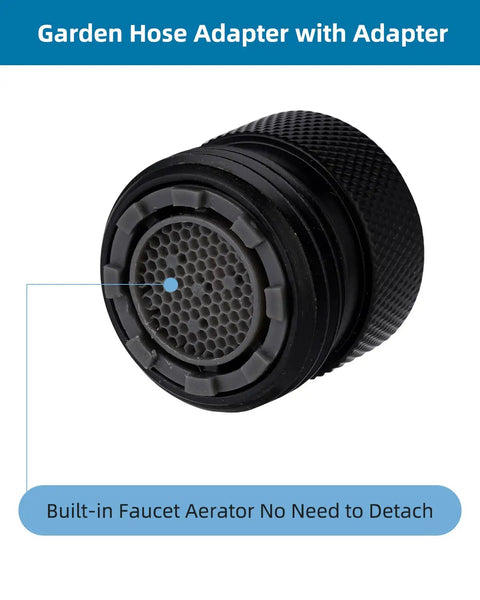 Close-up of the Faucet To Garden Hose Adapter Kit Easy Install Brass Matte Black With Washer And Aerator Key, Female To Male Converter.