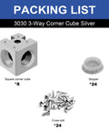 Heavy Duty 3030 T Slot Aluminum Extrusion 3 Way Corner Cube Kit with 8 silver corner cubes, 24 cross bolts, and 24 stoppers.