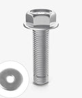 One stainless steel M5 flat washer and bolt; washer inner diameter 5mm, outer diameter 12mm, 1mm thick