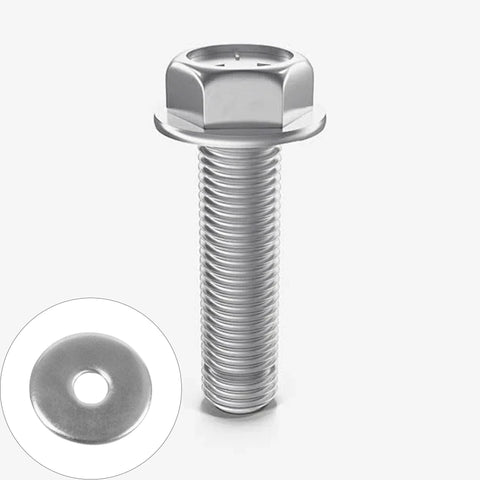 One stainless steel M5 flat washer and bolt; washer inner diameter 5mm, outer diameter 12mm, 1mm thick