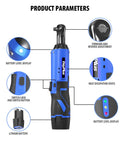 Cordless 12V 3/8 Inch Ratchet Wrench Kit With Dual 1500mAh Batteries, LED Work Light, showing product parameters and features