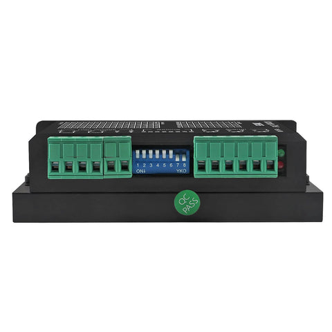 ACEIRMC DM556 CNC digital stepper driver, front view with blue DIP switch and green terminal blocks