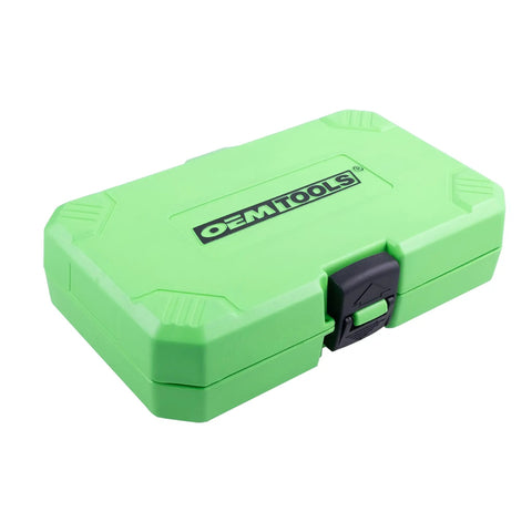Green carrying case of 32 Piece Hex Bit Socket Set With SAE And Metric Sizes For Quarter Inch, Three Eighth Inch, And Half Inch Drive