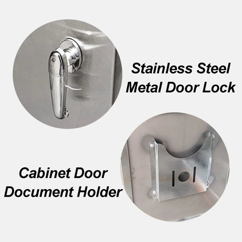 Rugged 304 Stainless Steel Electrical Enclosure Outdoor Weatherproof Junction Box Floor Standing With Slanted Top For Easy Water Runoff And Tight Interior Seals Industrial Grade Safe And Durable. Stainless steel door lock and cabinet document holder.