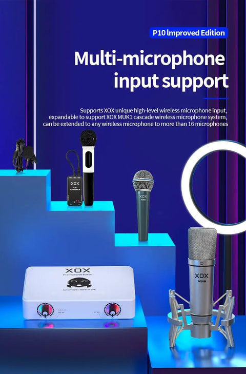 P10 USB Audio Interface For Live Streaming And Podcasting with multi-microphone input setup displayed on blue-lit steps