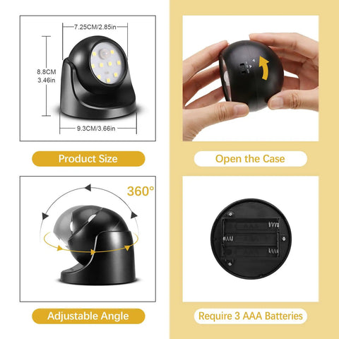 Battery Powered Outdoor Motion Sensor Wall Light, Wireless LED Night Light With Auto On Off, size view, AAA battery slots