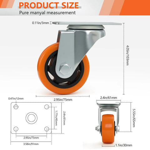 Built Tough Heavy Duty Three Inch Caster Set Of Four With Twin Straight Front Runners Paired With Nimble Rear Swivel Hubs Wrapped In Bright Orange Polyurethane For A Ridiculously Smooth Ride size dimensions including wheel and plate measurements.