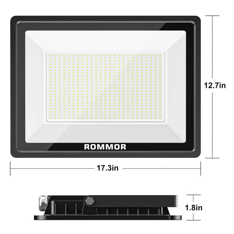 Beast Mode 500W LED Outdoor Flood Light With 50,000 Lumens, UL Listed, IP66 Waterproof, dimensions shown, front and side view