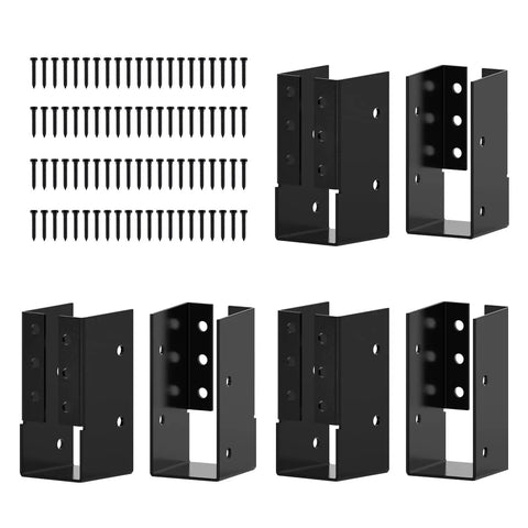 Black concealed joist hangers with screws, 6-piece bracket set for beams, fences, pergolas, made of carbon steel for outdoor projects.