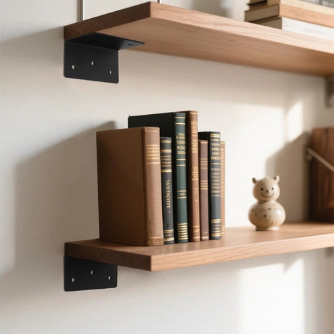 16 Piece Rock Solid L Bracket Set 2 By 2 By 4 Inch 14 Gauge Steel Corner Brackets supporting a wooden shelf with books.