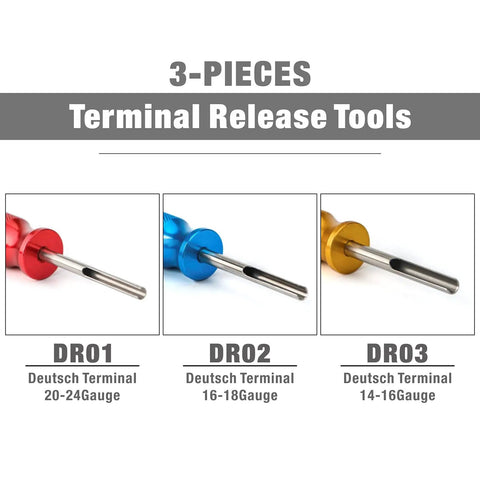Deutsch Terminal Extraction Tool Kit DT Series 3 Piece Set with DR01, DR02, DR03 tools for safe wire removal in red, blue, yellow.