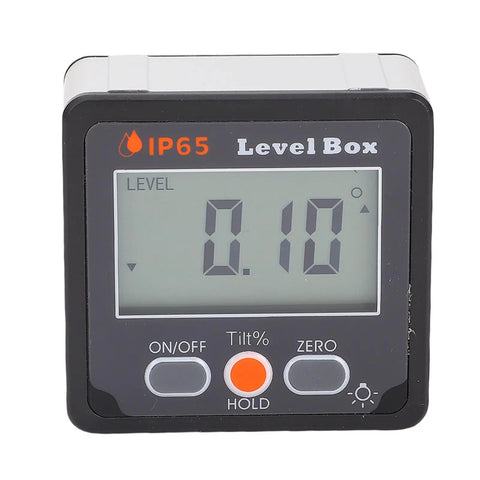 Professional Digital Angle Finder And Magnetic Level Box With Dead On Zero Point Two Degree Accuracy And Shop Built Ip65 Weather Resistant Frame displayed with LCD showing 0.10°.