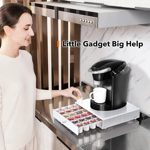 K Cup Holder Sliding Tray With Smooth Glide Pull Out Coffee Pod Organizer Rolling Storage Drawer Easy Access For Keurig Capsules Compatible With Keurig Accessories Countertop Stand White in use on kitchen counter with woman.