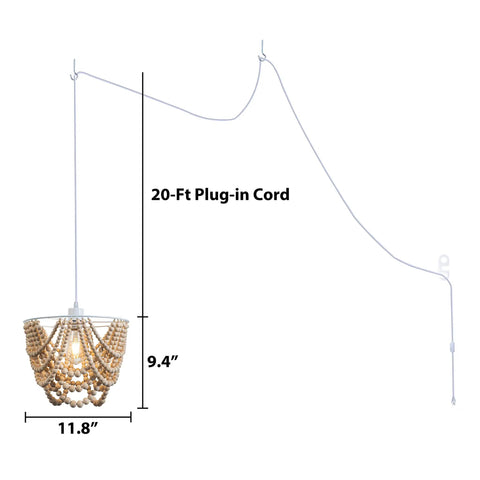 Wood Beaded Plug In Chandelier Lighting 1 Light Beaded Chandelier Boho Ceiling Fixture Handmade with 20-ft cord.