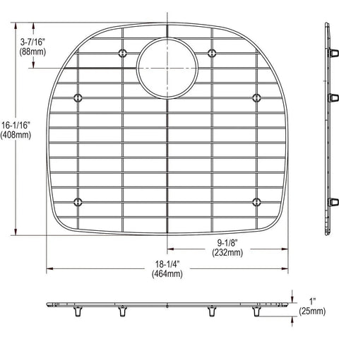 Diagram of Stainless Steel Bottom Grid for 21 x 18-5/8 Inch Sink Bowls, Measures 18-1/4 x 16-1/16 x 1 Inch Deep, side and top view.