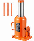 VEVOR hydraulic bottle jack, orange with chrome lift rod and three detachable orange extension rods.