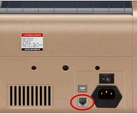 Back view of the Slick Money Counter With Smart Infrared Fake Note Detection ports and connections for easy setup.