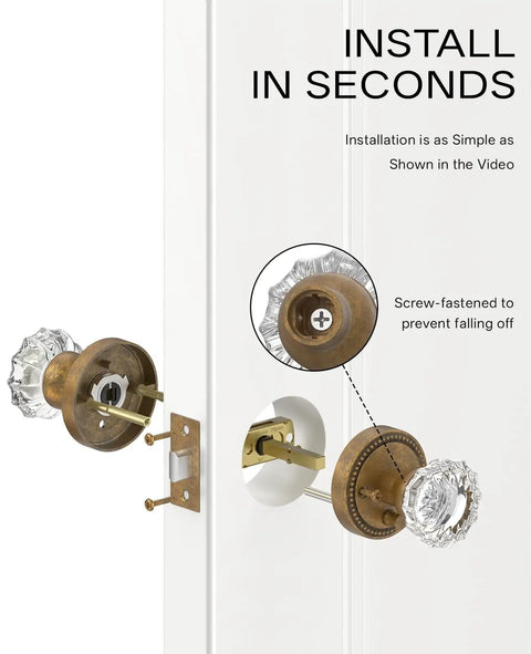 Six Pack Privacy Antique Brass Crystal Door Knobs With Lock For Bedroom Or Bathroom being installed on a door