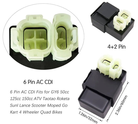 Close-up of a 6-pin AC CDI unit for All In One GY6 Wiring Harness Kit For 50Cc To 125Cc Engines With Stator Coil CDI Ignition Coil