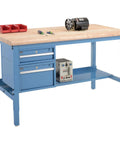 72 Inch Wide By 36 Inch Deep Heavy Duty Maple Top Workbench With Adjustable Tubular Steel Legs Safety Edge Desktop Dual Glide Drawers Bottom Storage Rack Built Like A Tank Shop Ready Rig In Bright Blue, featuring red bins and tools.