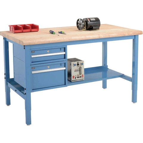 72 Inch Wide By 36 Inch Deep Heavy Duty Maple Top Workbench With Adjustable Tubular Steel Legs Safety Edge Desktop Dual Glide Drawers Bottom Storage Rack Built Like A Tank Shop Ready Rig In Bright Blue, featuring red bins and tools.